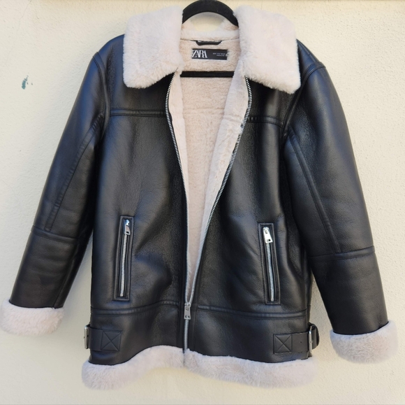 ZARA Faux Leather Shearling Lined Moto Jacket - Picture 5 of 11